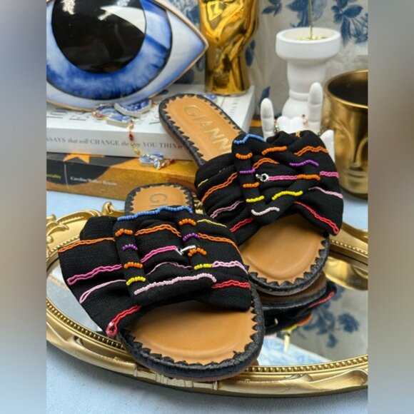 🆕 GIANNI BINI 🧿 NWOB JaxsonTwo Black & Rainbow Striped Linen Slide Sandal, Sz6 - Picture 7 of 15